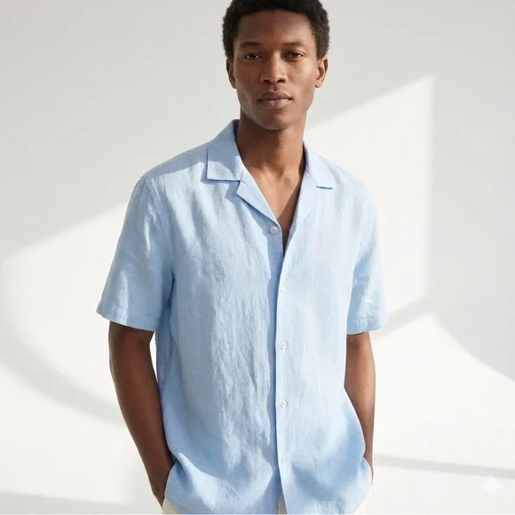 BLUENOTES Linen Blend Blue Casual Button Down, Large - Picture 2 of 6